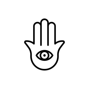 Hamsa minimalist icon. Eye shape. Black outline. Concept of evil eye protection and misfortunes. Vector illustration, flat design