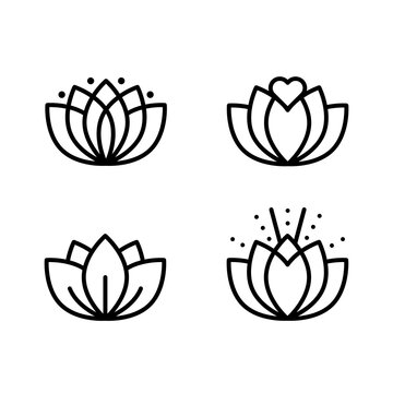 Lotus flower icon set. Black outline symbols. Concept of meditation, nature, physical and mental health. Vector illustration, flat design