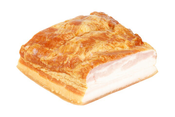 A piece of smoked pork belly on a white plate.