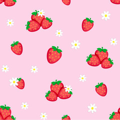 Collage of cute cartoon fresh strawberry with flowers and seamless pattern. Cute design of strawberry and flowers for paper, cover, fabric, interior decor and other users. Decoration for menu