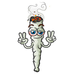 A happy, stoned marijuana joint cartoon character flashing a peace sign hand gesture - 512771007