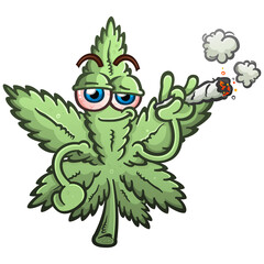 A marijuana cannabis leaf vector cartoon character illustration smoking a joint and puffing smoke - 512771008