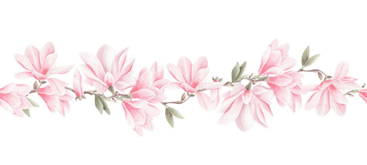 Watercolor seamless border with pink magnolia isolated.