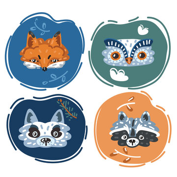 Vector illustration of Cute animals faces. Owl, raccoon, fox, wolf