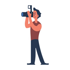Fototapeta na wymiar Person man with photo camera vector illustration. Male professional photographer and cartoon human photograph standing. Character shooting and work with equipment. Adult guy working and shoot video