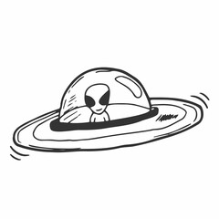 Vector illustration. Silhouette of toy UFO space ship. Alien space ship. Futuristic unknown flying object. Isolated pattern on white background