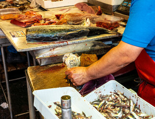 cook on fish kitchen , lifestyle of a marine restaurant worker closeup