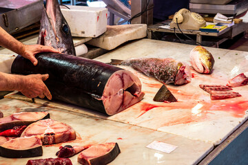 fish market in city , lifestyle of a marine port worker closeup