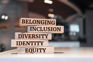 Equity, identity, diversity, inclusion, belonging symbol. Wooden blocks with words identity,...