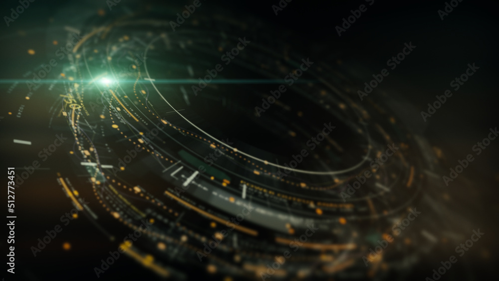 Poster Futuristic abstract de-focus holographic head up display data matrix telemetry and encrypted numbers display in cyber space environment background