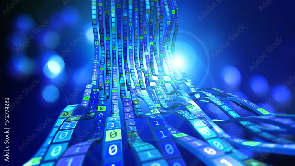Poster e-commerce, online business. information flow, stream waves of coded data. 3d illustration techno ba