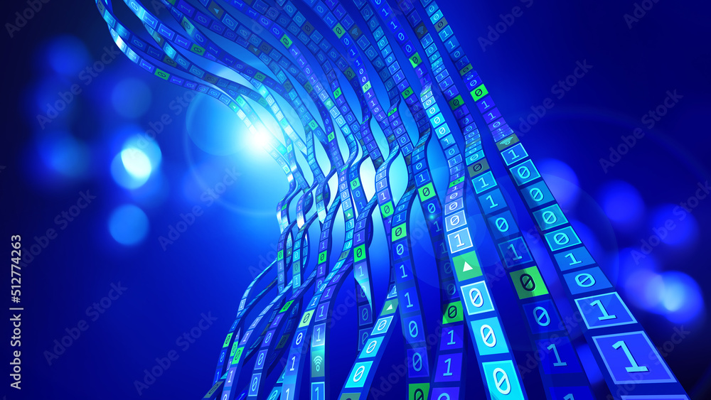 Poster e-commerce, online business. information flow, stream waves of coded data. 3d illustration techno ba