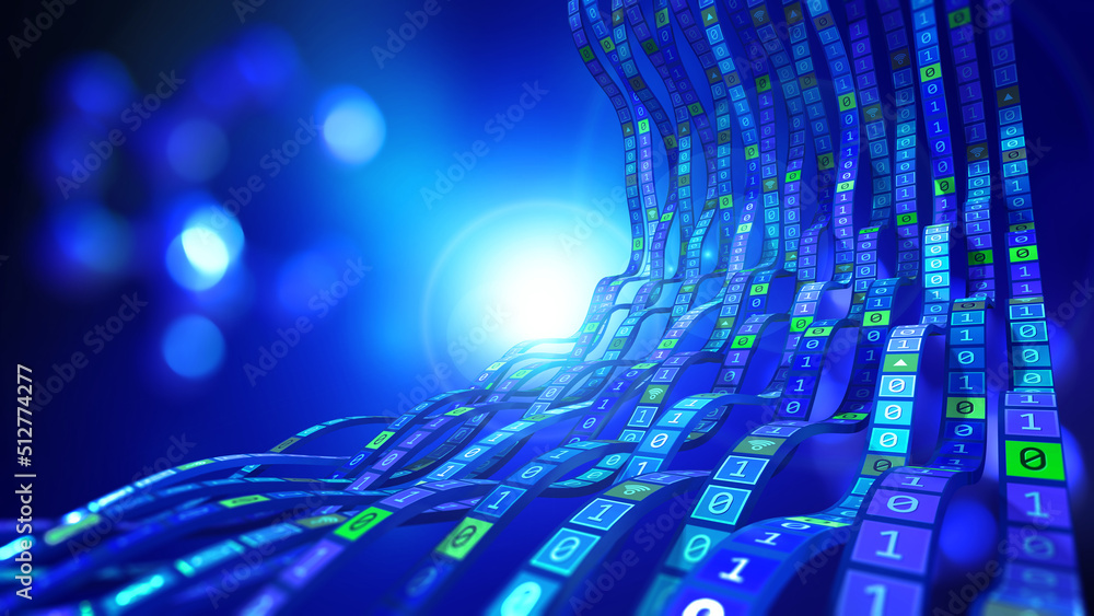 Poster e-commerce, online business. information flow, stream waves of coded data. 3d illustration techno ba