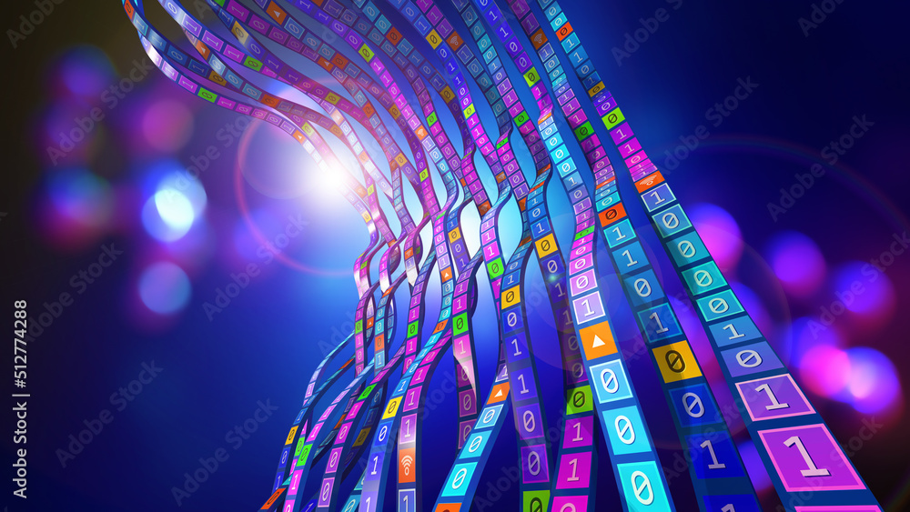 Poster e-commerce, online business. information flow, stream waves of coded data. 3d illustration techno ba