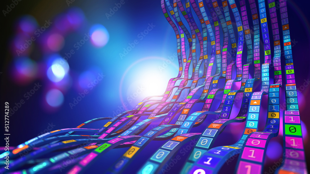 Poster e-commerce, online business. information flow, stream waves of coded data. 3d illustration techno ba