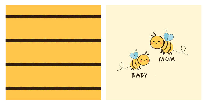 Bee stripe seamless pattern and bee cartoons on honey background vector illustration. Cute childish print.