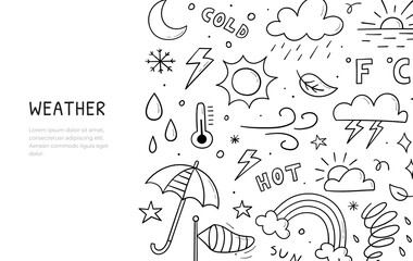 Doodle set of weather theme items. Horizontal banner template. Contains vector sign of the sun, clouds, snowflakes, wind, rain, moon, lightning and more isolated on white background.