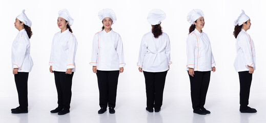 Full length 40s 50s Asian Senior Woman Cooking Chef, 360 front side back rear