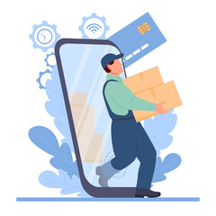 Loader comes out of a giant smartphone and carries heavy boxes in his hands. Online shopping via smartphone application, mobile payment. Vector illustration