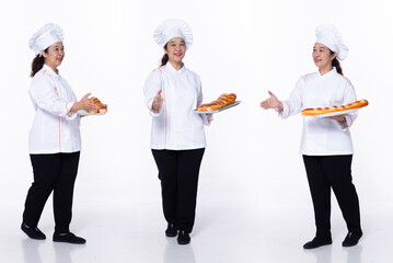 Full length 40s 50s Asian Senior Woman Cooking Chef, shaking hand act