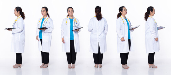 Full length 40s 50s Asian Senior Woman medical healthcare Doctor, 360 front side back rear