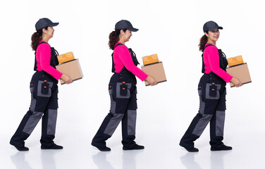 Full length 40s 50s Asian Senior Woman delivery package company, walking forward left right