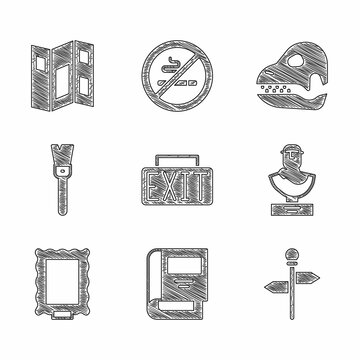 Set Exit sign, History book, Road traffic signpost, Ancient bust sculpture, Picture, Paint brush, Dinosaur skull and Museum guide brochure icon. Vector