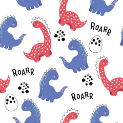 Vector hand drawn cute dinosaurs. Dino, inscription roar, eggs and dots in doodle style. Seamless baby wallpaper. Cute pattern.