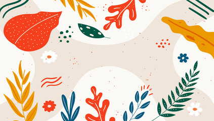 Obraz premium Banner sale. Leaves, branches, dots and doodles. Hand drawn summer banner. Template for websites, social networks. Horizontal vector banner.