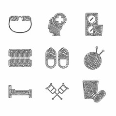 Set Slippers, Crutch or crutches, Medicine pill tablet, Yarn ball with knitting needles, Bed, False jaw, Pills blister pack and Eyeglasses icon. Vector
