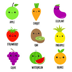 Carrot, watermelon, eggplant, pineapple, strawberry, apple, grape, kiwi, orange. Fruit vegetable berry food icon set. Cute face eyes. Cartoon kawaii baby character. Flat design. White background.
