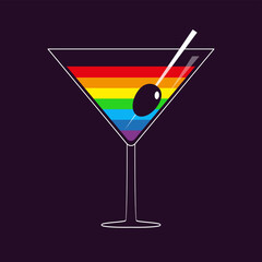 Rainbow cocktail. Martini glass. Olive stick. Drink gay party. LGBT sign symbol. Menu template. Flat design. Dark background. Isolated.