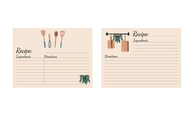 Recipe cards or sheet templates for making notes about meal preparation and cooking ingredients. Empty cookbook pages. Vector illustration.