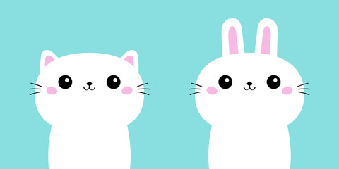 White cat kitten kitty bunny rabbit icon set. Funny face. Happy Easter. Kawaii cute cartoon baby character. Happy Valentines Day. Flat design. Blue background. Isolated.
