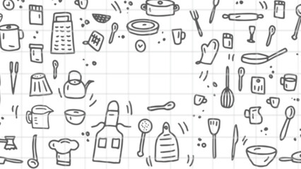 Cooking icons and line drawings drawn on a white tiled wall, leaving the middle part empty for a title, vector illustration