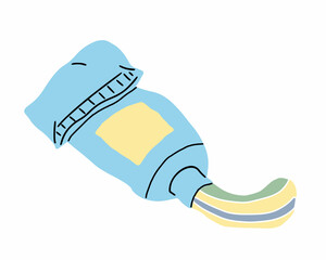 Vector illustration of cartoon doodle blue toothpaste isolated on white background. Hand drawn design. Object of medicine dental hygiene. Wash teeth element. Medical tube with paste for oral healthy.