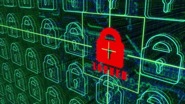 Sophisticated and detailed 3D motion graphic of a targeted system cyber hack, with target locator, and lock turning from red to green then transmitting data - alternate view 3