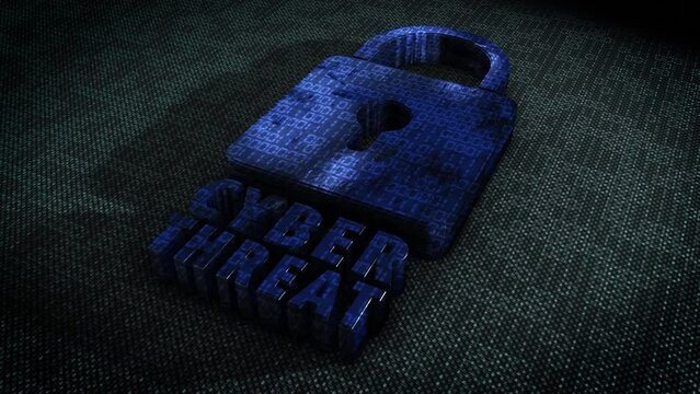 Stylish and hyper realistic 3D CGI render of a stylised system security padlock on a hitech surface overlaid with animated binary code with the message Cyber Threat in metallic blue