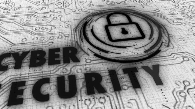 Sophisticated and detailed 3D motion graphic of an animated circuit board with stylised system lock element and the glitching message Cyber Security, in a negative color palette