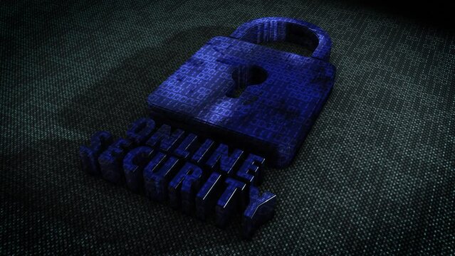 Stylish and hyper realistic 3D CGI render of a stylised system security padlock on a hitech surface overlaid with animated binary code with the message Online Security in metallic blue
