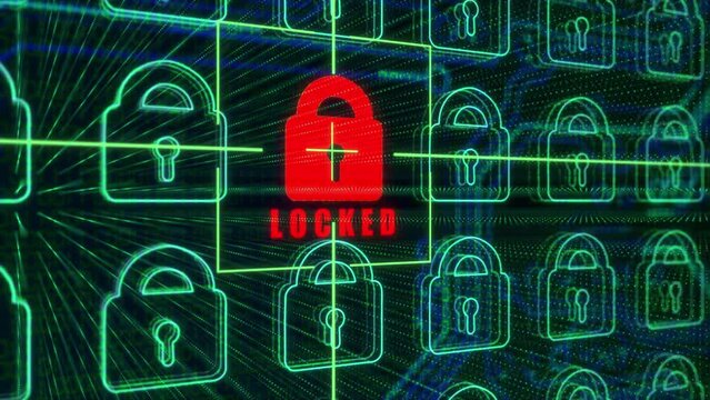 Sophisticated and detailed 3D motion graphic of a targeted system cyber hack, with target locator, and lock turning from red to green then transmitting data - alternate view 1