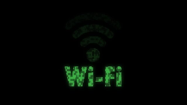 Classic animated wifi symbol with animated binary code texture in green color scheme on a black background
