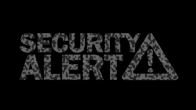 Classic animated Security Alert message with Warning Sign with animated binary code texture in white color scheme on a black background