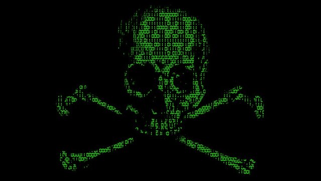 Alarming animated cyber hacking skull and cross bones symbol with animated binary code texture in green color scheme on a black background