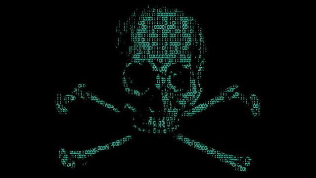 Alarming animated cyber hacking skull and cross bones symbol with animated binary code texture in teal color scheme on a black background