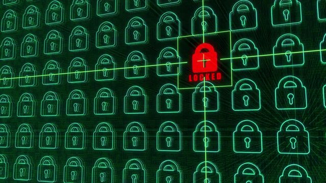 Sophisticated and detailed 3D motion graphic of a targeted system cyber hack, with target locator, and lock turning from red to green then transmitting data