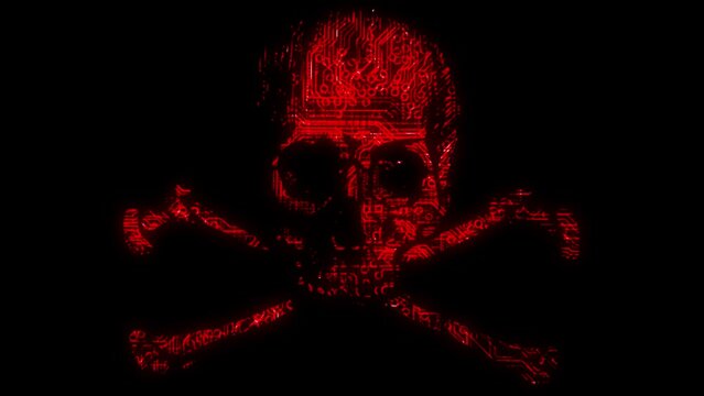 Alarming animated cyber hacking skull and cross bones symbol with animated circuit board texture in red color scheme on a black background