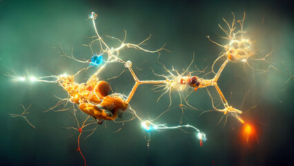 Neurons firing electrical impulses  and neurotransmitters into synapses between axons and dendrites 3d rendering - obrazy, fototapety, plakaty