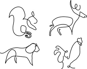 One line art of set of animals.