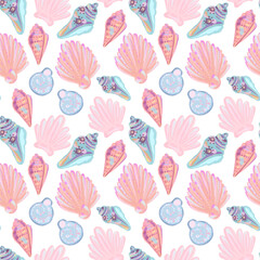 Vector Seamless pattern with seashells. Summer background painted in watercolor.